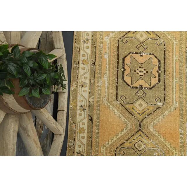 1970s Turkish Oushak Handmade Wool Cotton Orange Runner 109x337