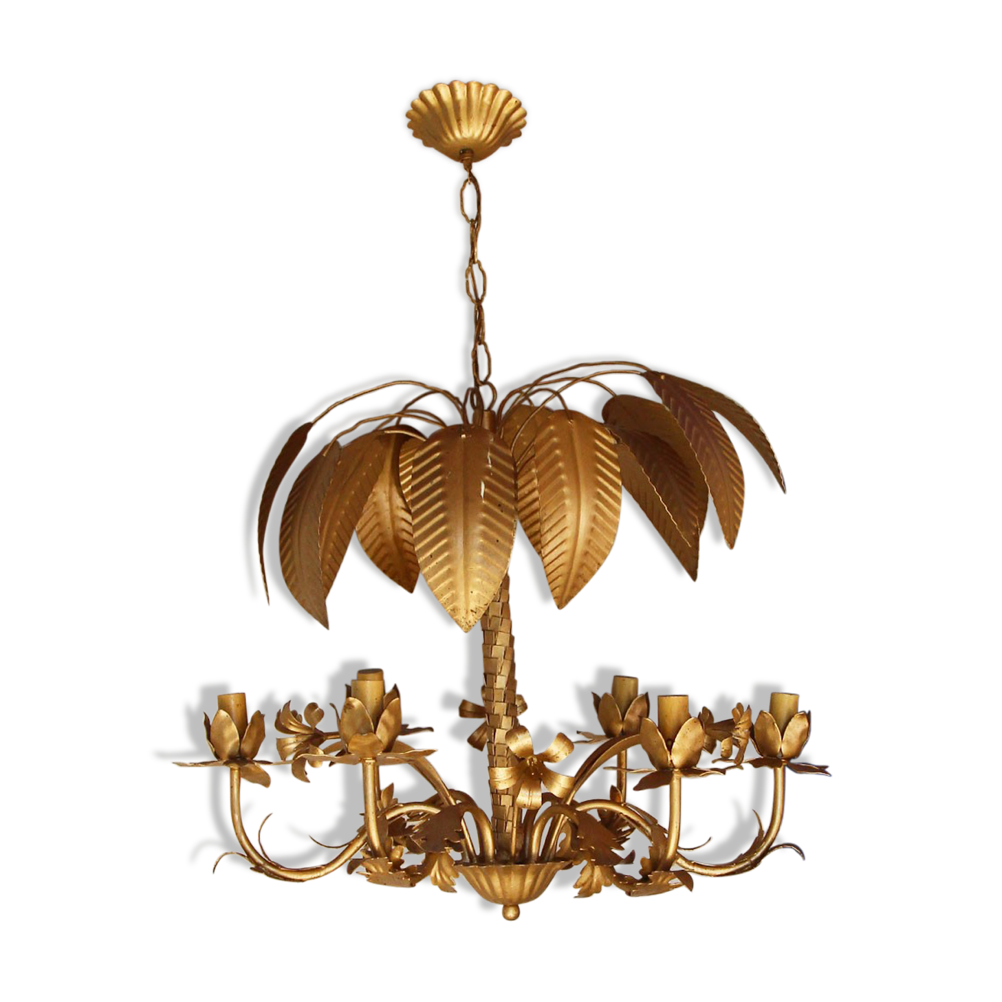 Palm and flower chandelier, matte gold metal