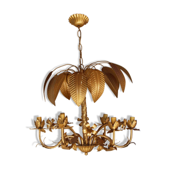 Lustre palmiers et fleurs, métal doré mat
