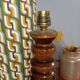 Vintage brutalist wooden table lamp, space age printed lampshade