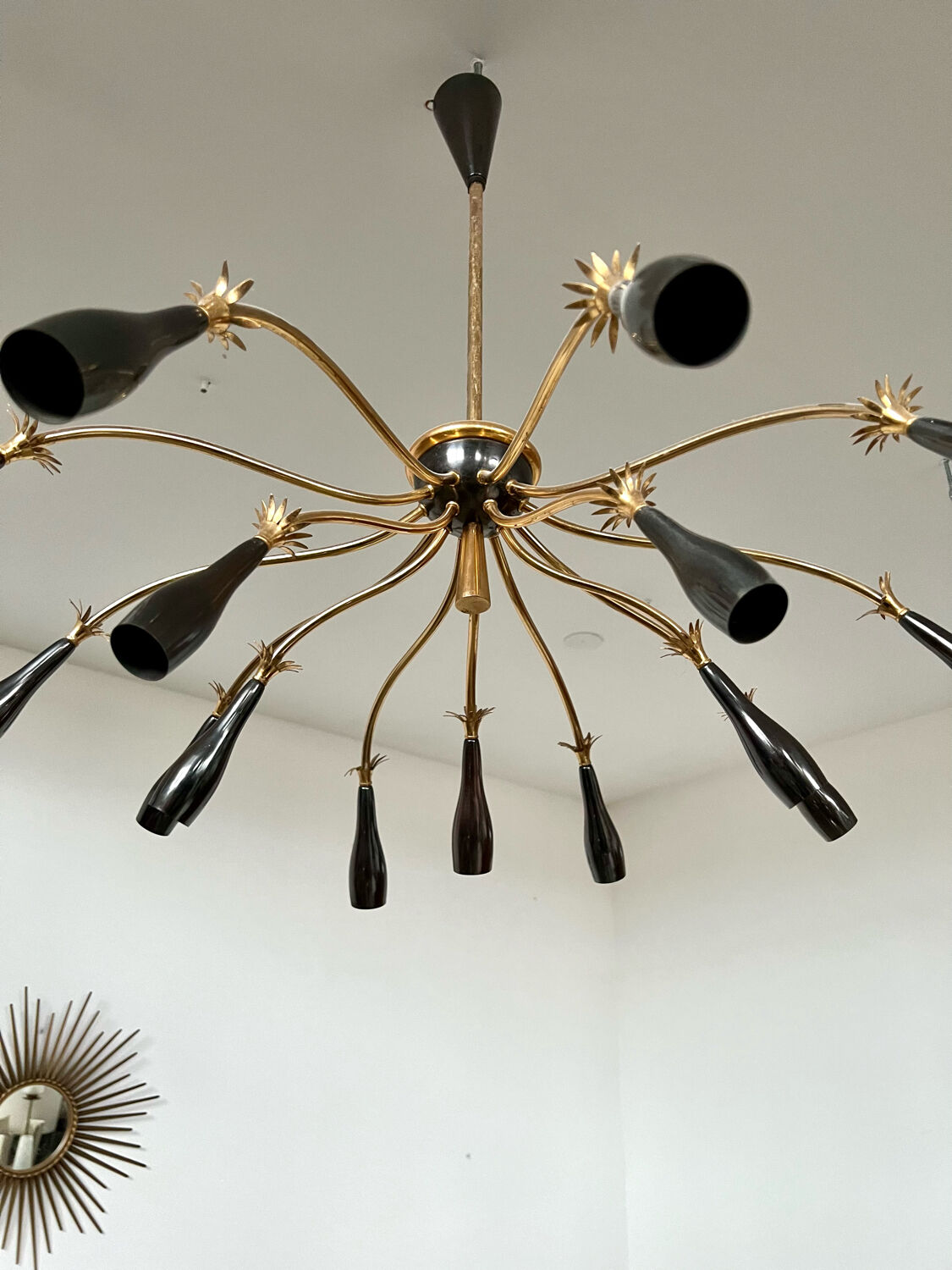 Old spider chandelier Italian metal, vintage Sputnik lamp 15 lights