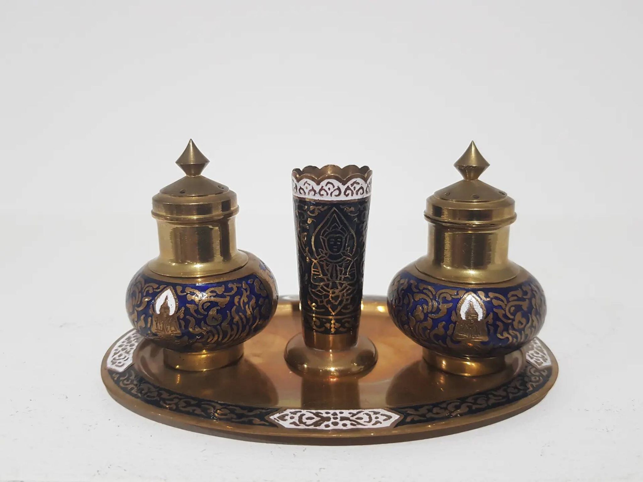 Spice set, navy blue and gold, enamelled brass, Thailand, 1960s
