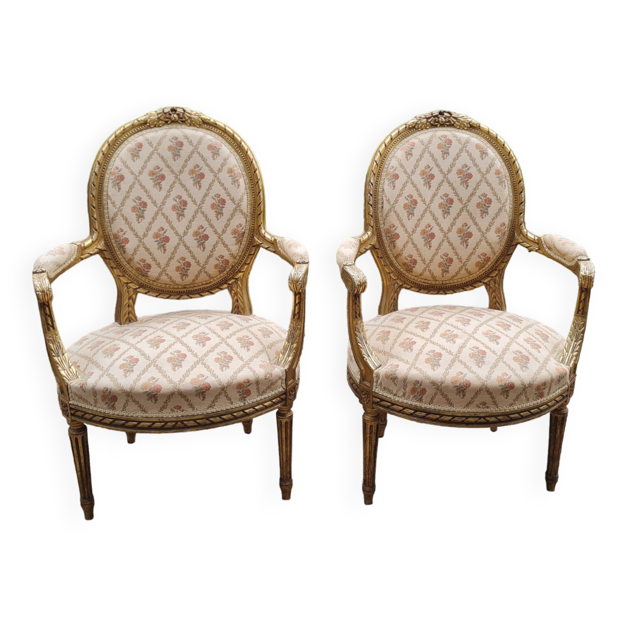 Pair of armchairs medallion in gilded wood Louis XVI style