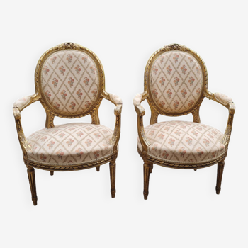 Pair of armchairs medallion in gilded wood Louis XVI style