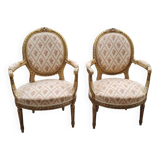 Pair of armchairs medallion in gilded wood Louis XVI style