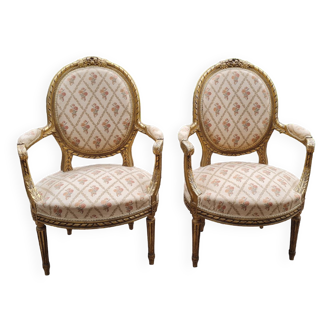 Pair of armchairs medallion in gilded wood Louis XVI style