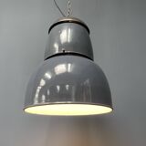 Grande lampe à suspension industrielle ancienne en émail bleu-gris