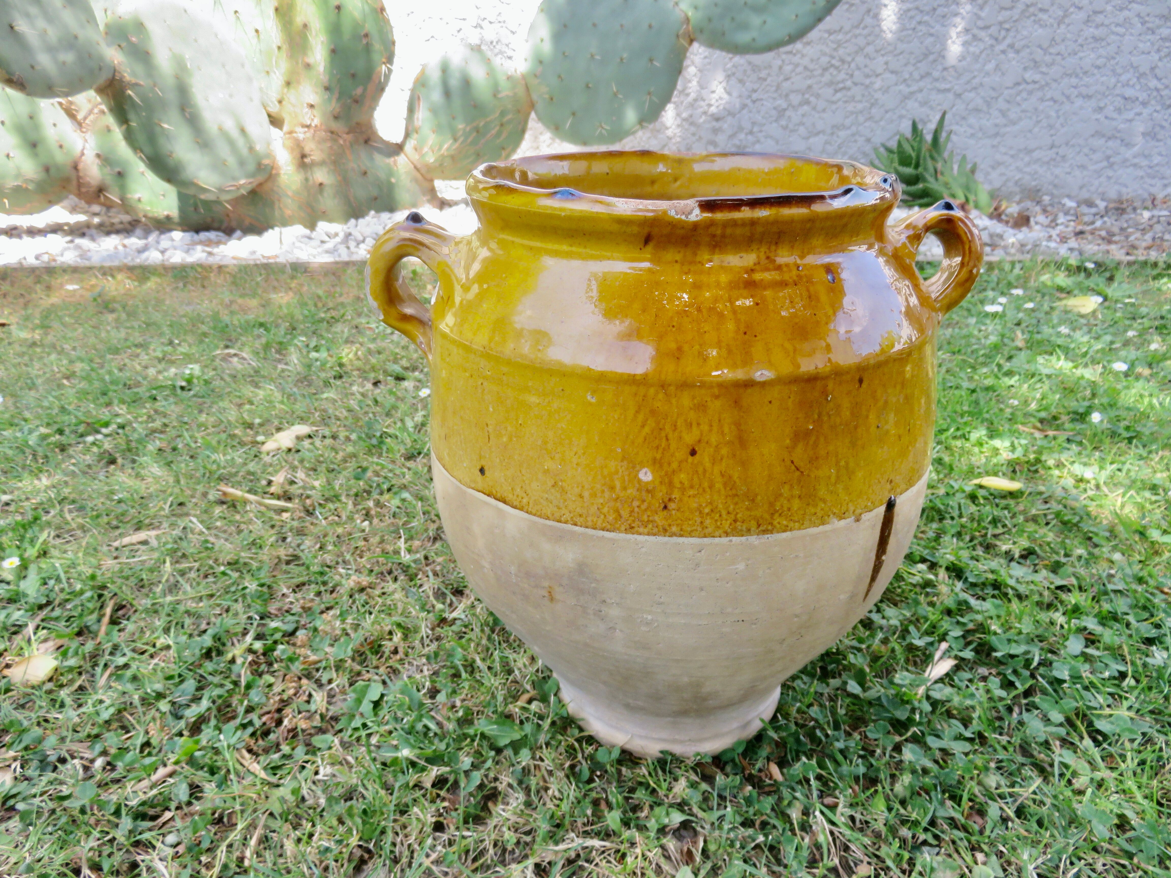 Vase, pot, jarre à huile en terre cuite vernissée jaune, fin 19ème