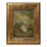 Signed Oil painting of a Landscape in Giltwood Frame, Belgium 1940s