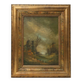 Signed Oil painting of a Landscape in Giltwood Frame, Belgium 1940s