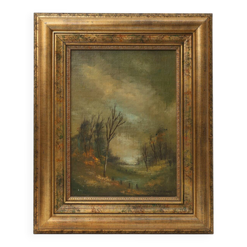 Signed Oil painting of a Landscape in Giltwood Frame, Belgium 1940s