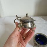 Ancien Saleron et Moutardier en Métal Argenté et Verre Bleu