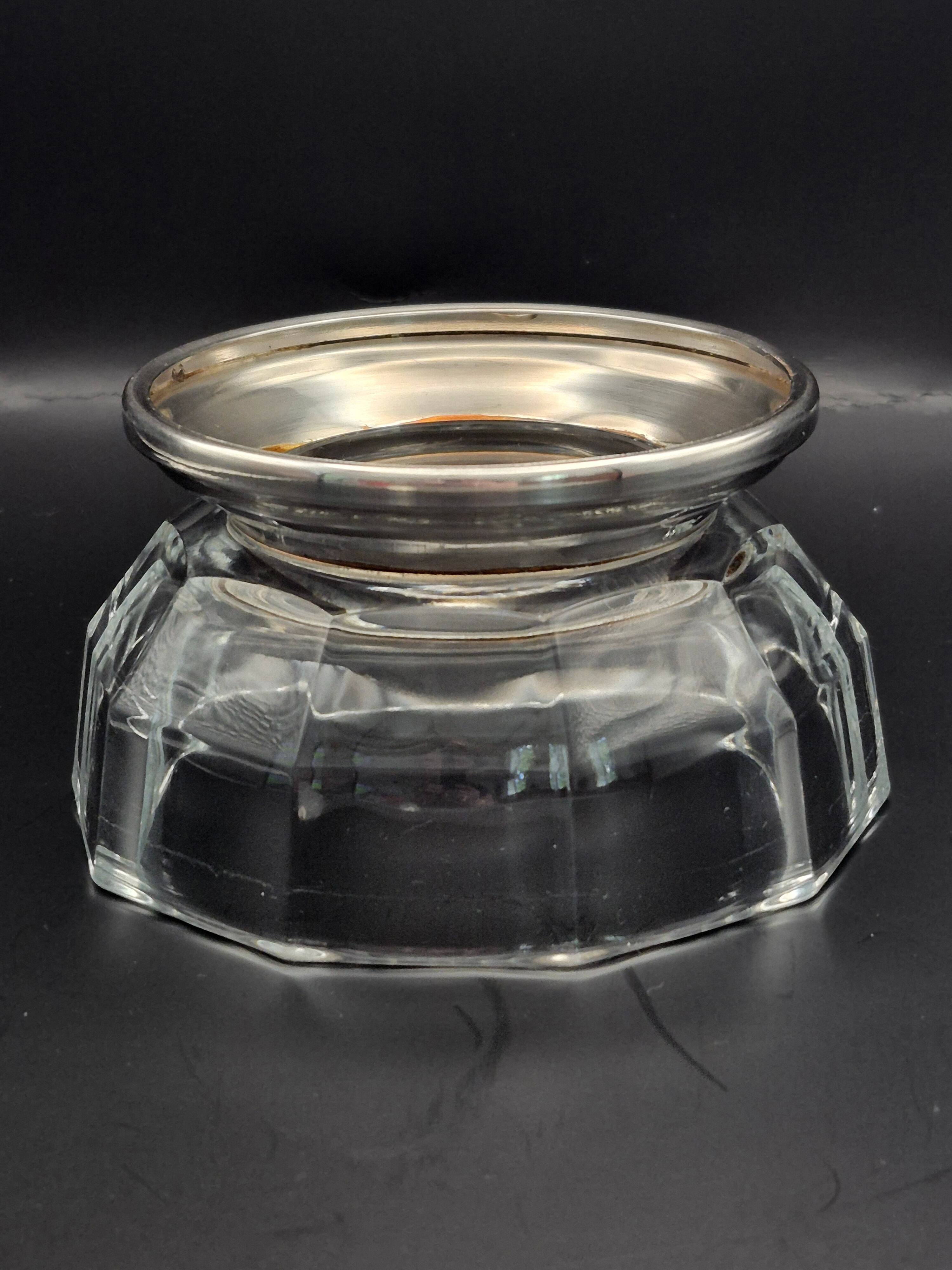 Art Deco thick crystal/glass bowl, silver-plated metal pedestal.