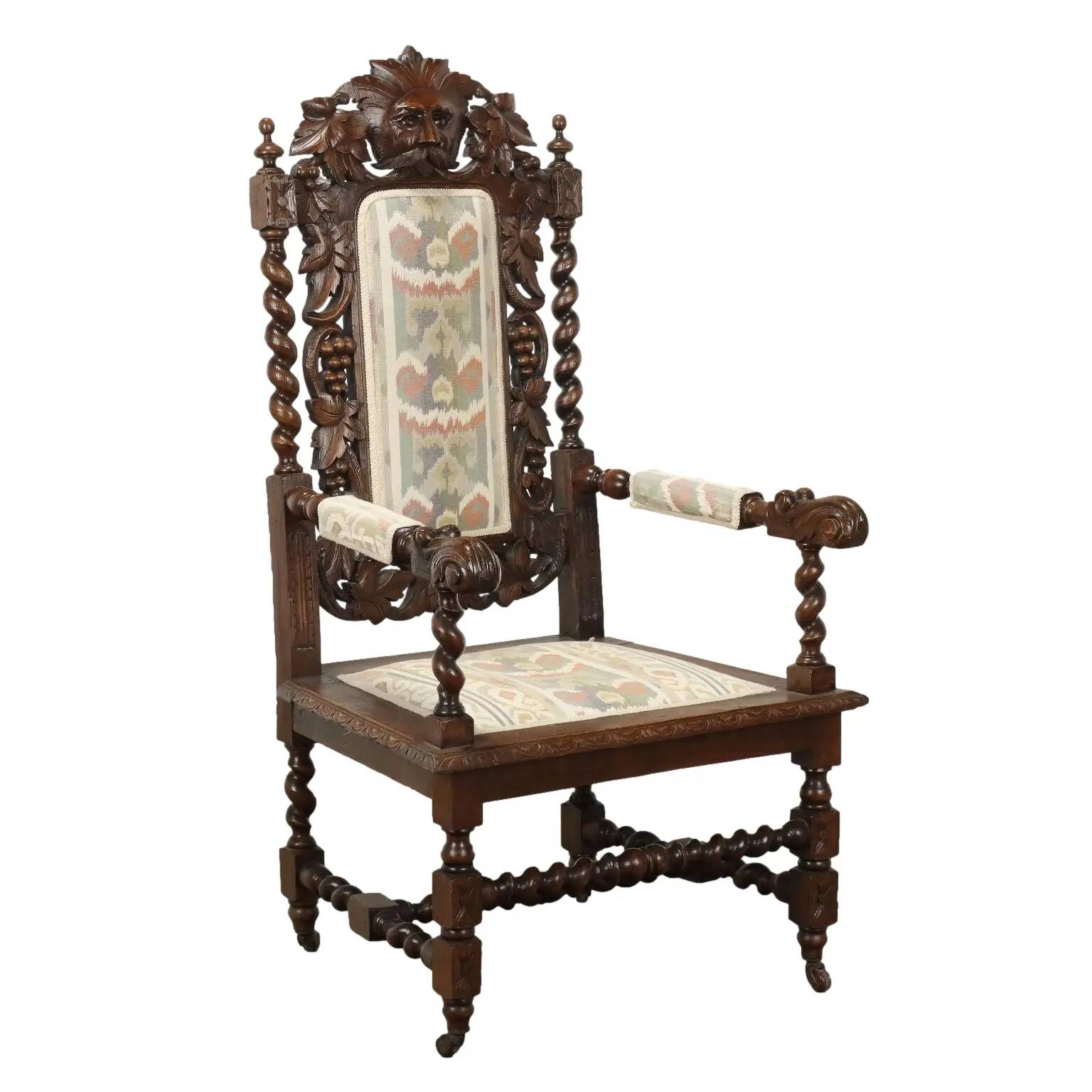 Antique Neo-Renaissance armchair in oak and fabric, 19th-20th century.