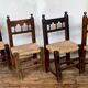 Series of 4 brutalist rustic chairs in carved wood straw seat