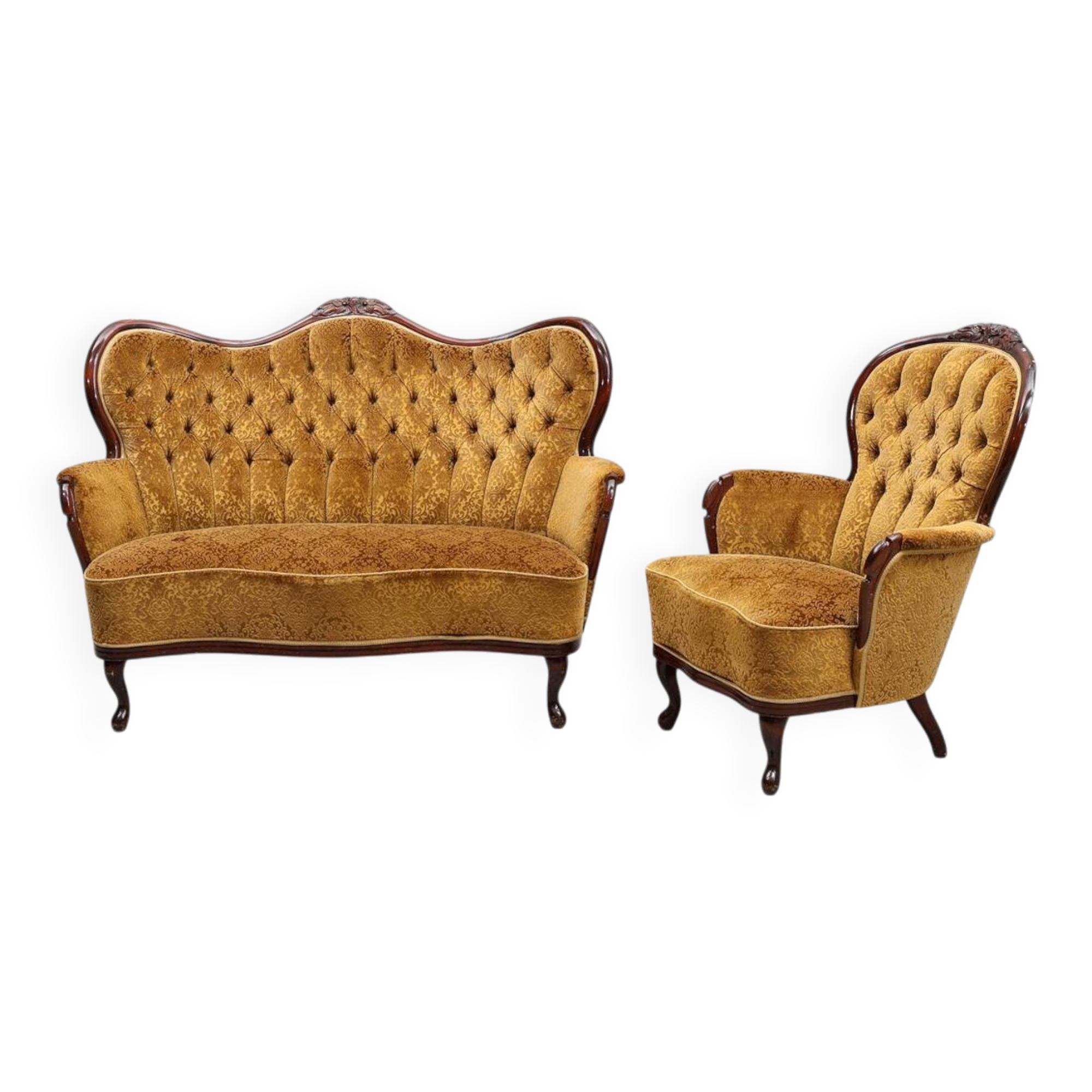 Rococo-Style Sofa & Armchair — Plush Upholstery — 20th Century — Romantic S
