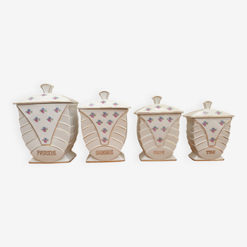 Série de 4 pots à épices et condiment, porcelaine, vintage, Art Déco