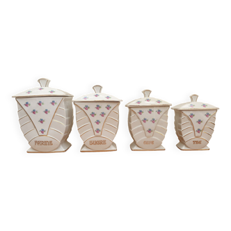 Série de 4 pots à épices et condiment, porcelaine, vintage, Art Déco