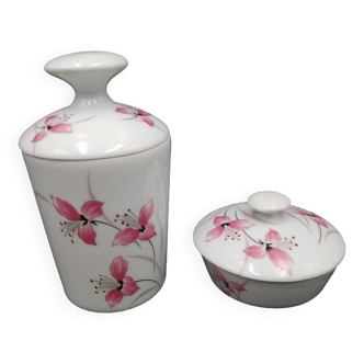 Ancien poudrier et flacon en porcelaine de Limoges modèle Ulysse décor floral