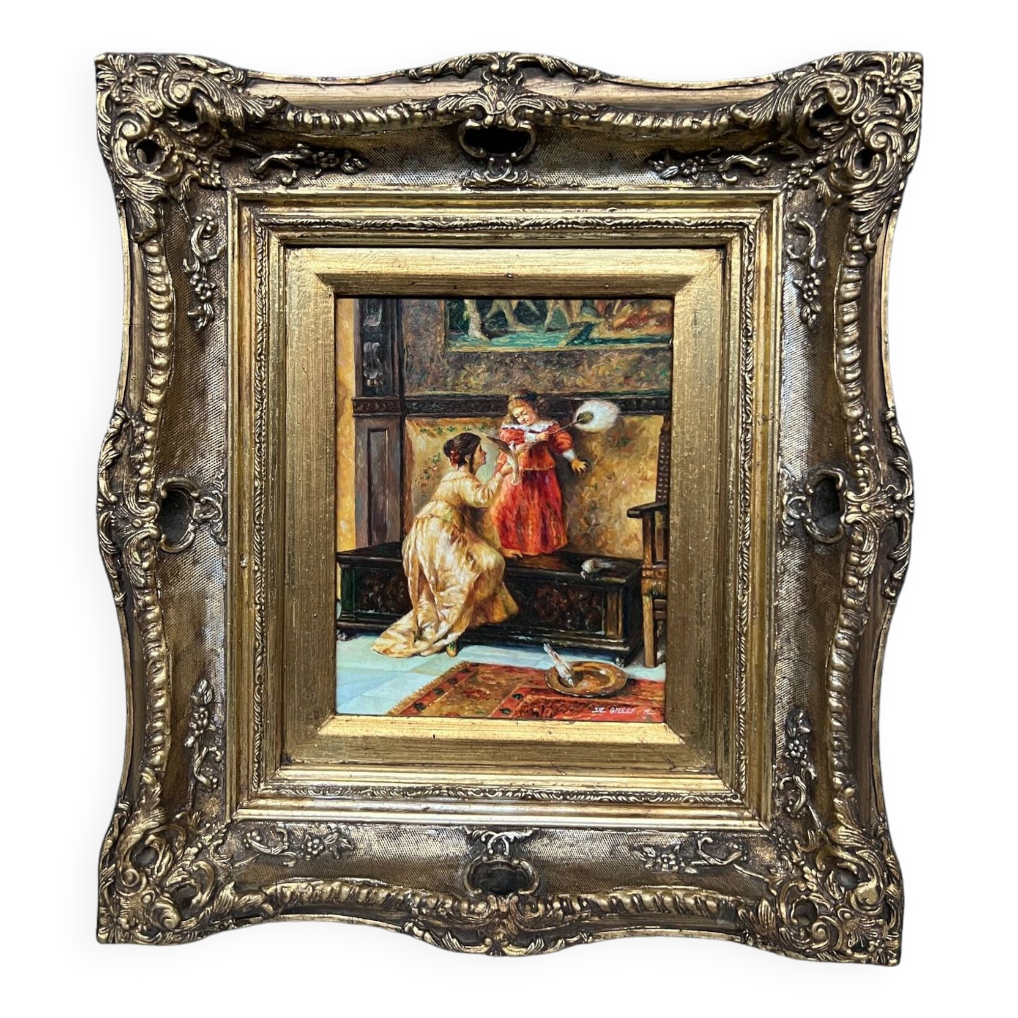 R. de Greef. “Girl with a bird” genre painting.