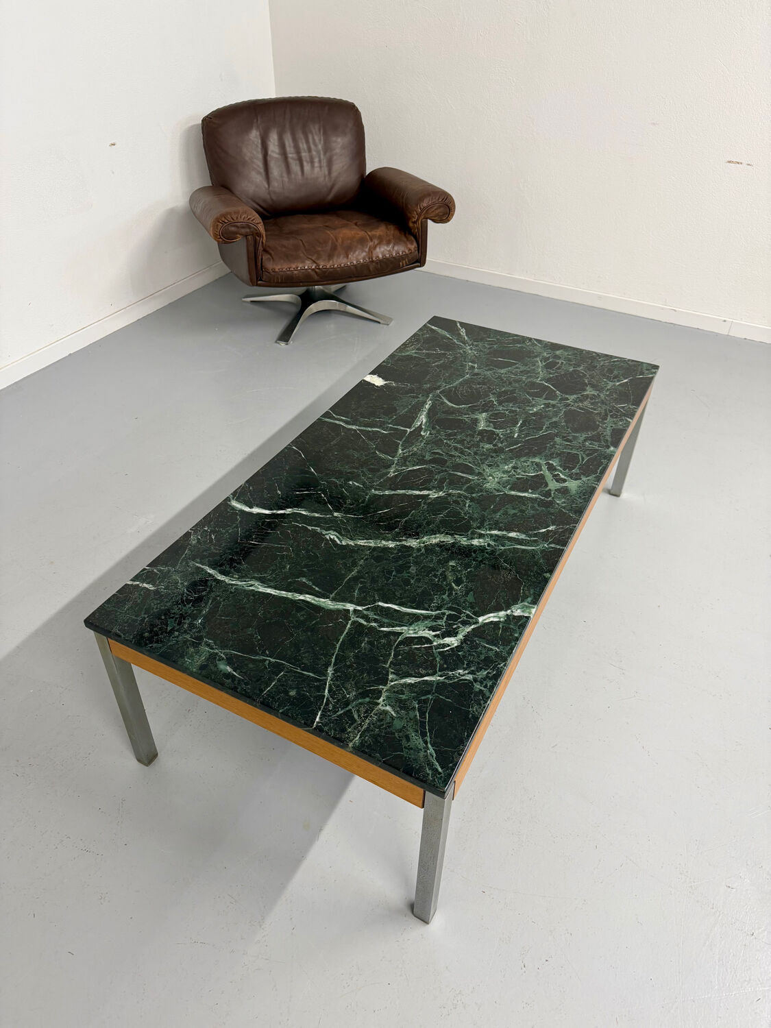 Vintage 1960s Italian design green marble and metal coffee table.