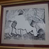 Painting drawing "the bull" Jules Mougin, the poet postman Abstract art brut