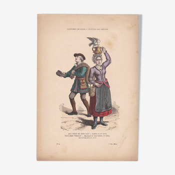 Une illustration , une image d' époque  editeur f . roy  costumes de paris  laitière & marchant