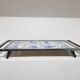 Heating plate, blue and white ceramic, brown rosewood, black metal, Germany, 1970s.