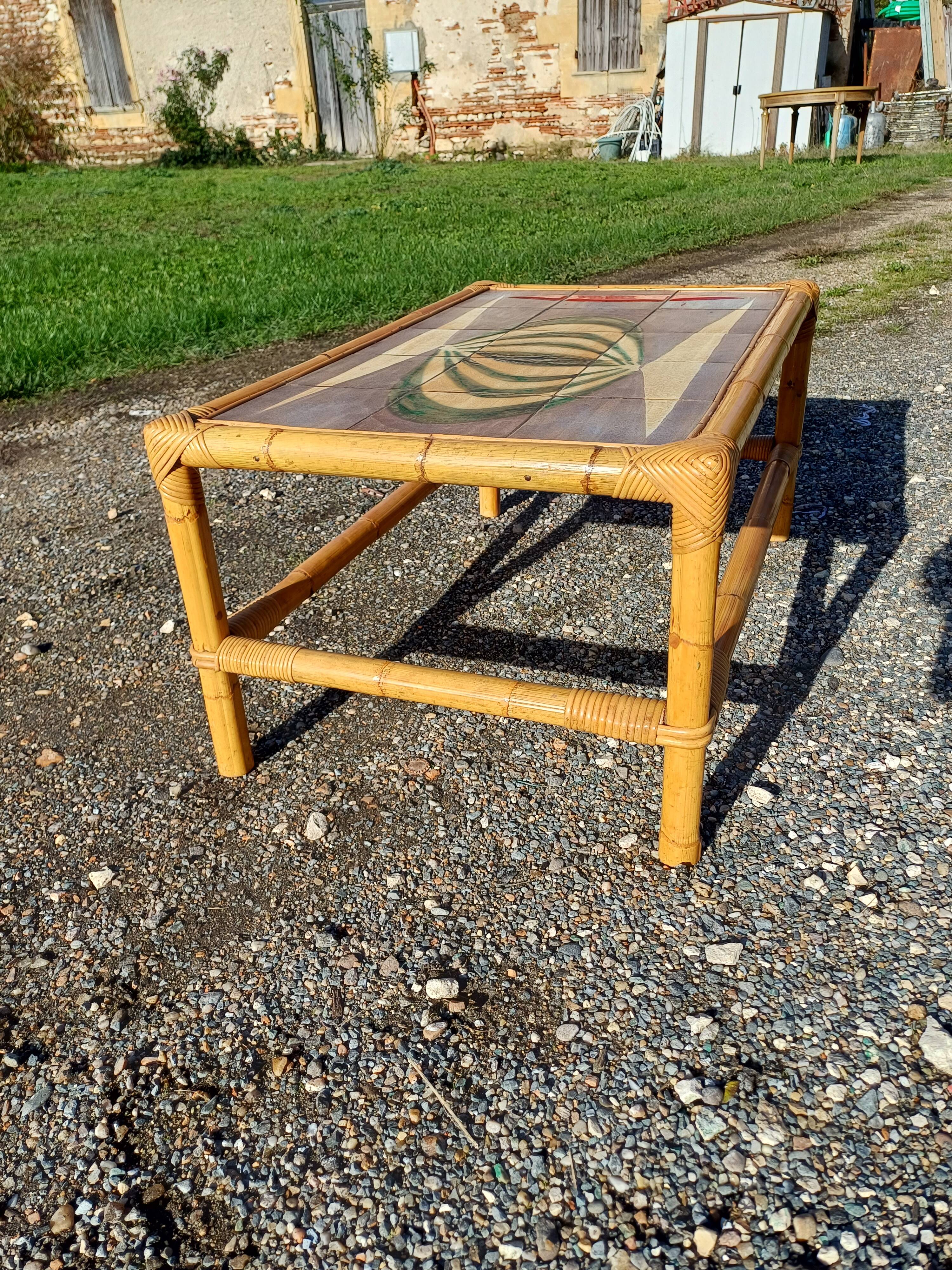Vintage bamboo and earthenware coffee table signed jl gruer
