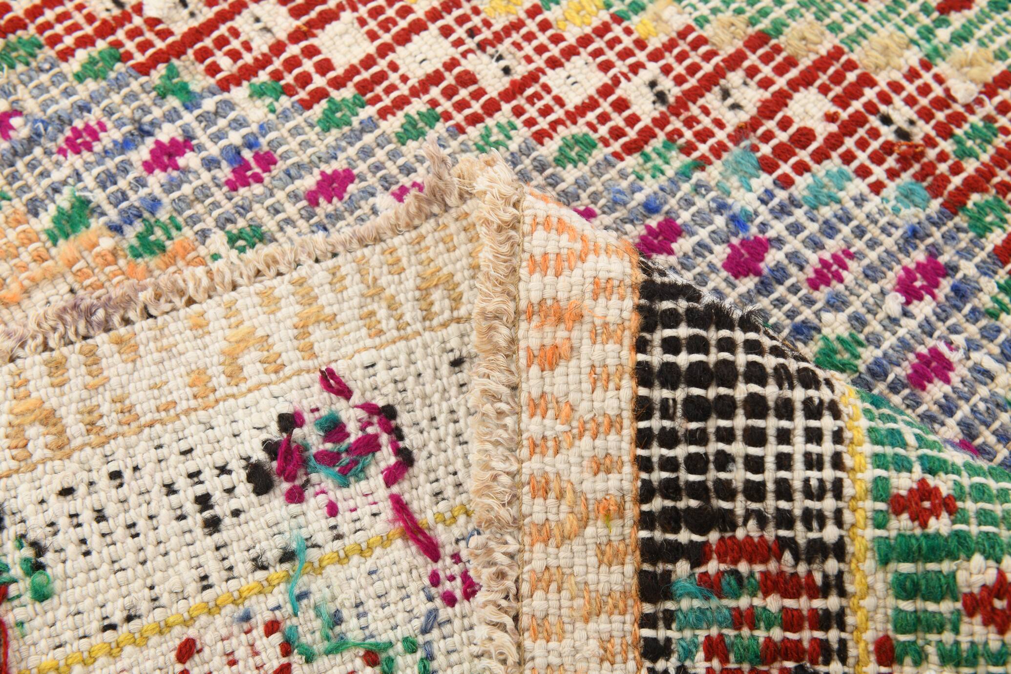 4x8 Green & Beige Vintage Kilim Rug, 133x253Cm