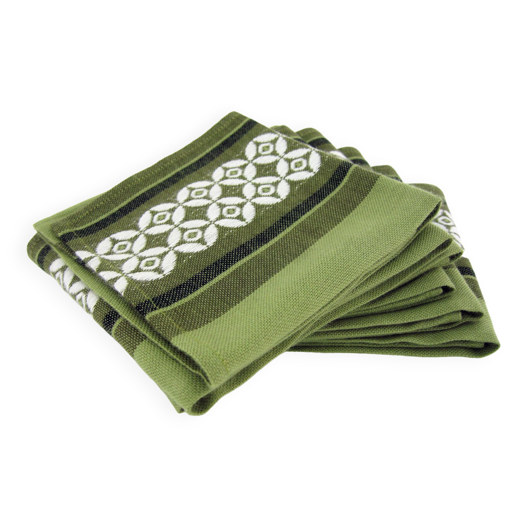 6 olive green Dralon napkins - white geometric patterns - vintage 60s