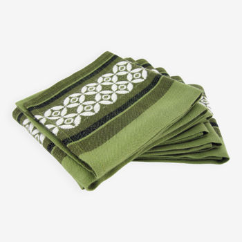 6 serviettes de table en Dralon vert olive - motifs géométriques blancs - vintage années 60
