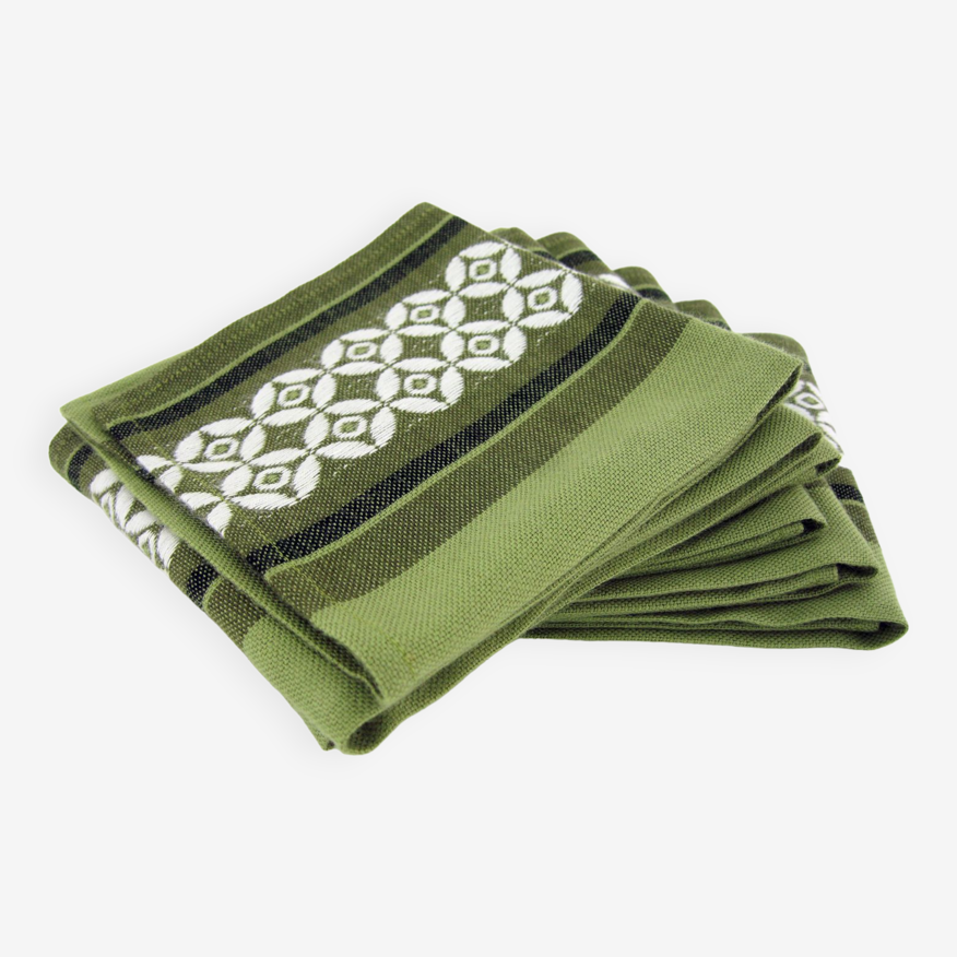 6 serviettes de table en Dralon vert olive - motifs géométriques blancs -  vintage années 60 | Selency