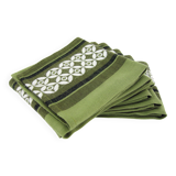 6 olive green Dralon napkins - white geometric patterns - vintage 60s