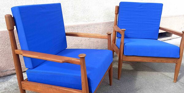 Paire de fauteuils scandinaves Années 60 coussins bleu