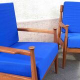 Pair of 1960s Scandinavian armchairs with blue cushions