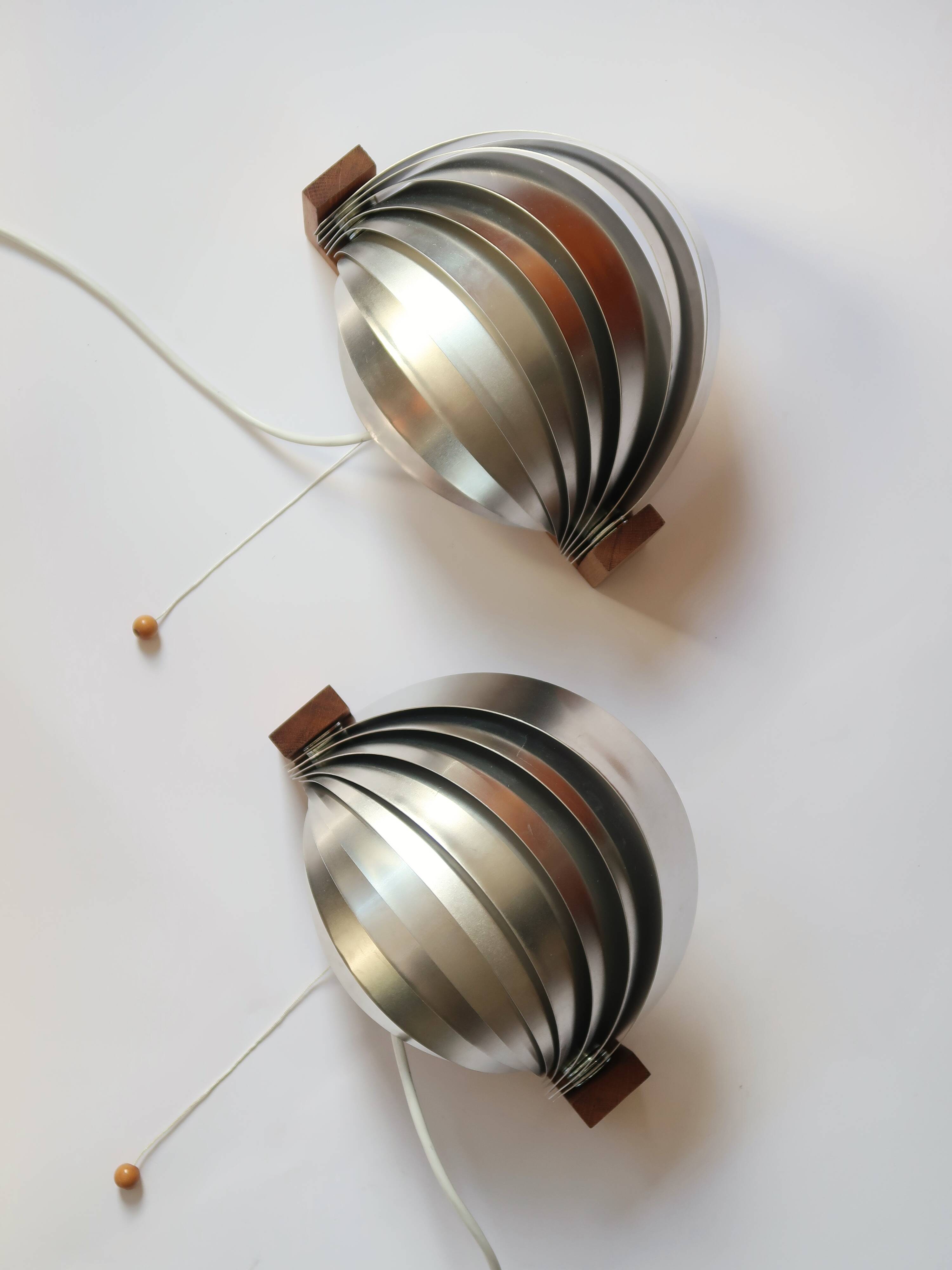 Pair of vintage 70s chrome and wood slatted wall lights