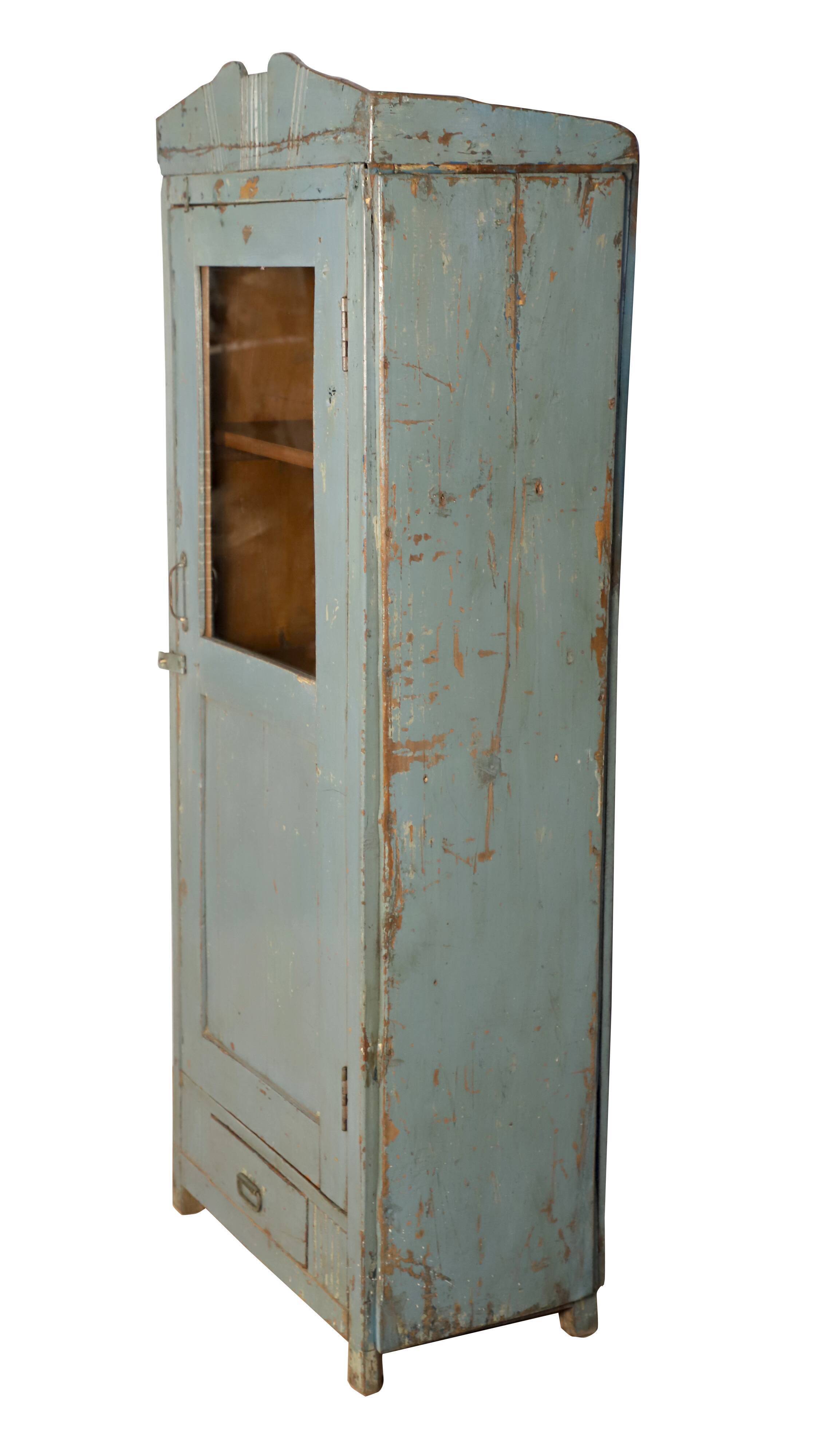 Burmese teak glass cabinet with original blue-gray patina