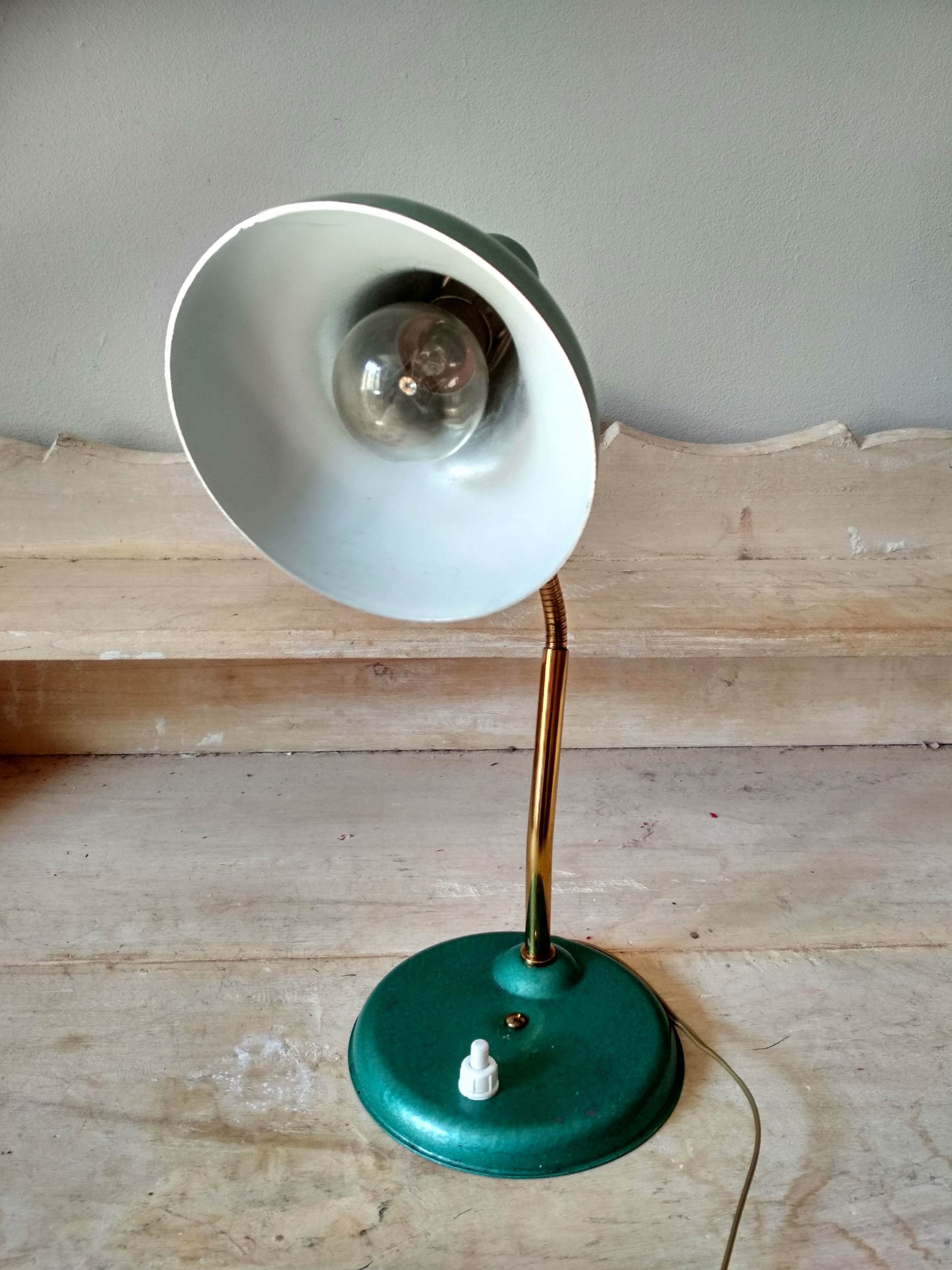 50's 50's green metal articulated desk lamp and golden flexible foot