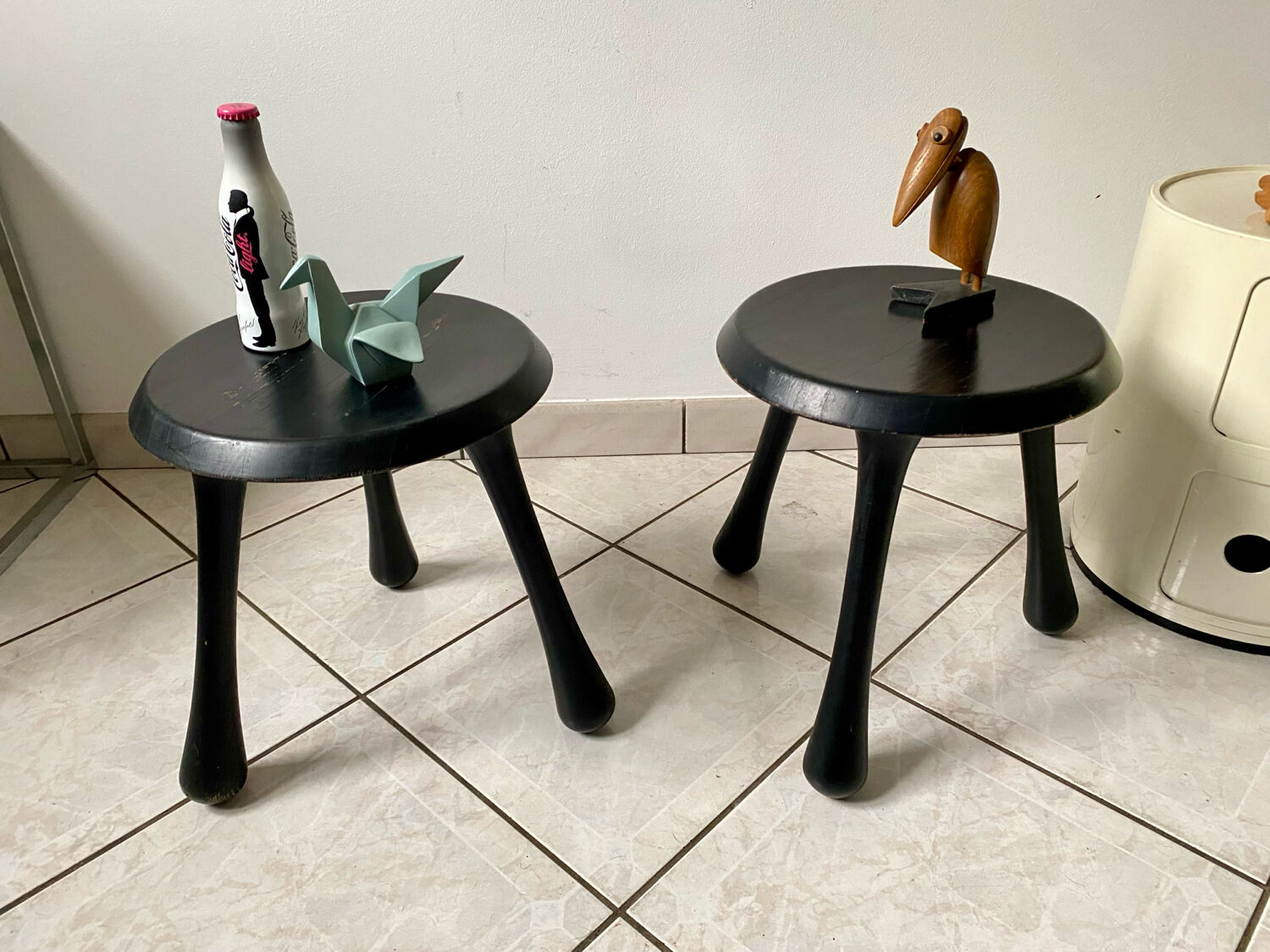 Pair of Ingvar Kamprad design tripod low stools, Habitat edition