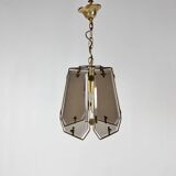 Suspension Hal en laiton français et verre fumé, années 1970