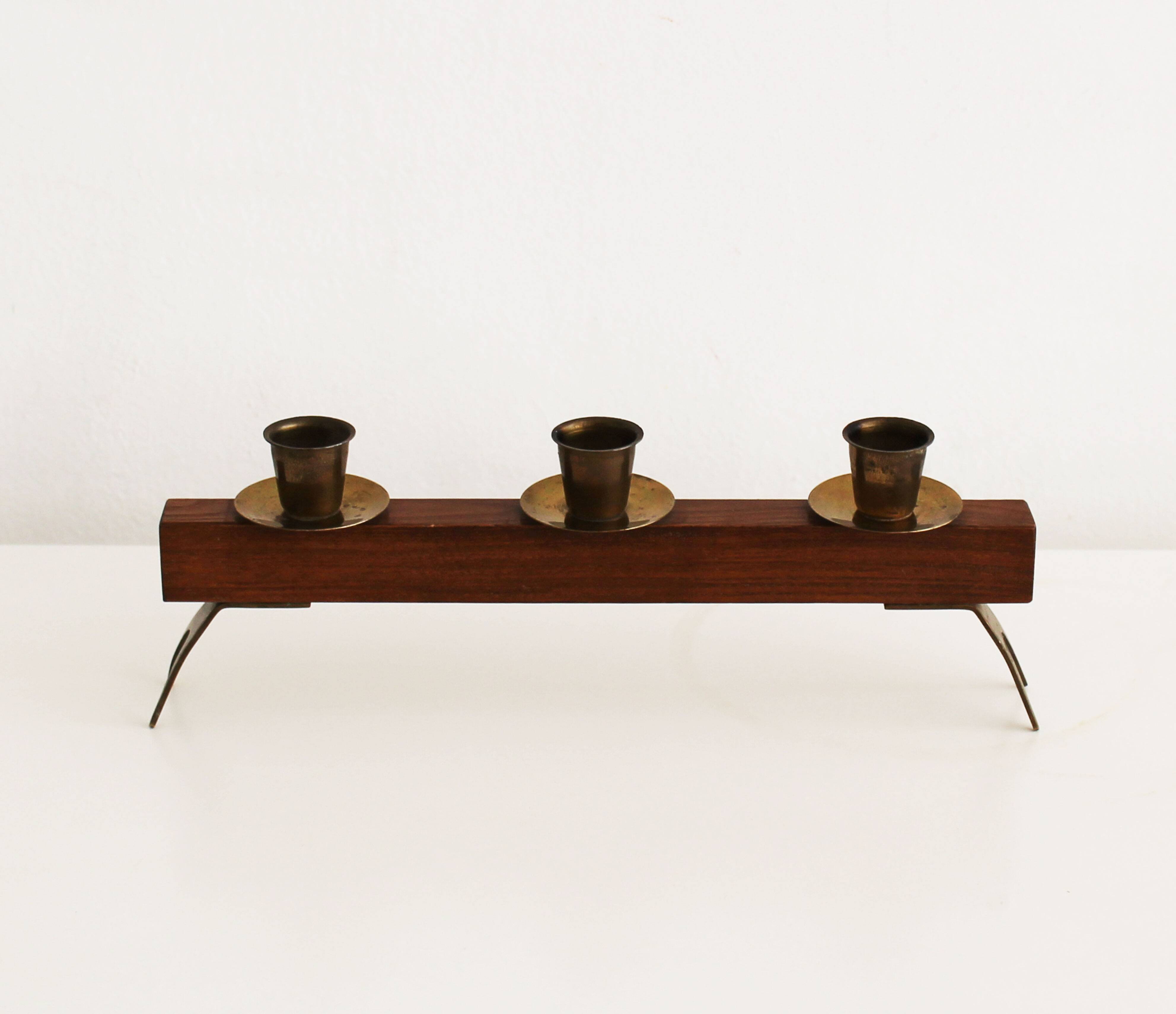 1960s Sculptural Wooden & Brass Candleholder