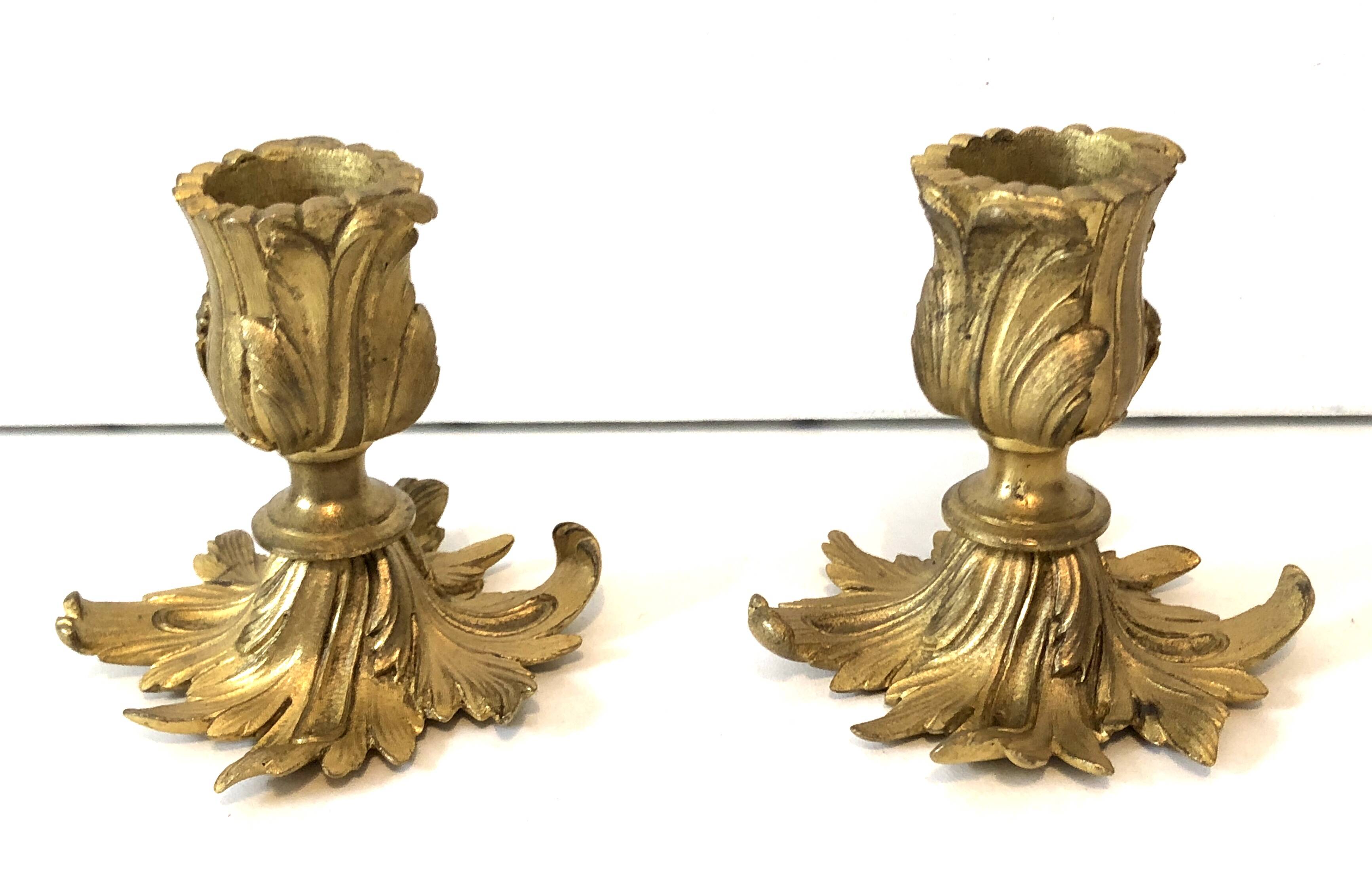 Pair candlesticks old golden brass