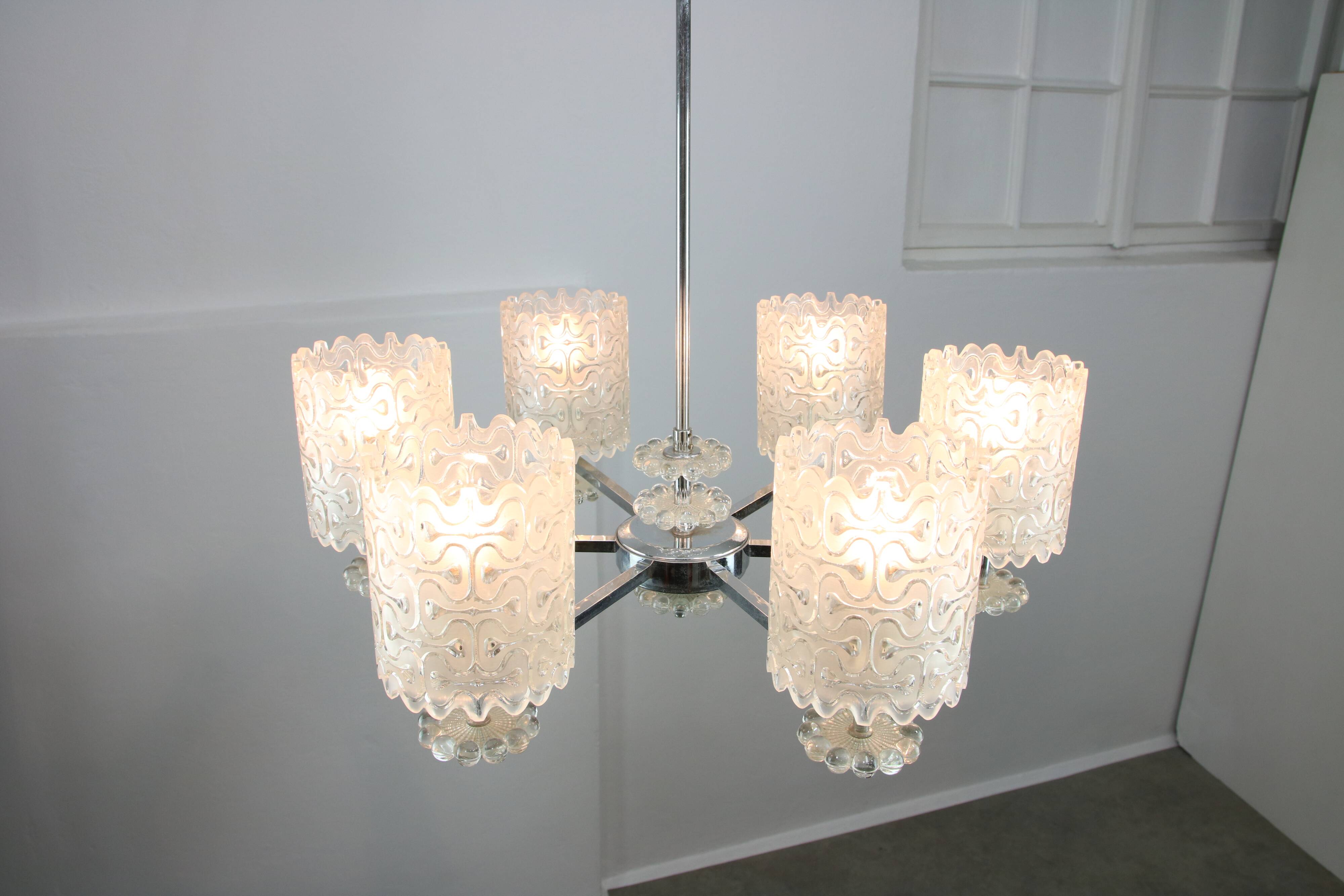 Vintage Austrian Glass Chandelier: Mid-Century Modern Embossed Pendant Lamp