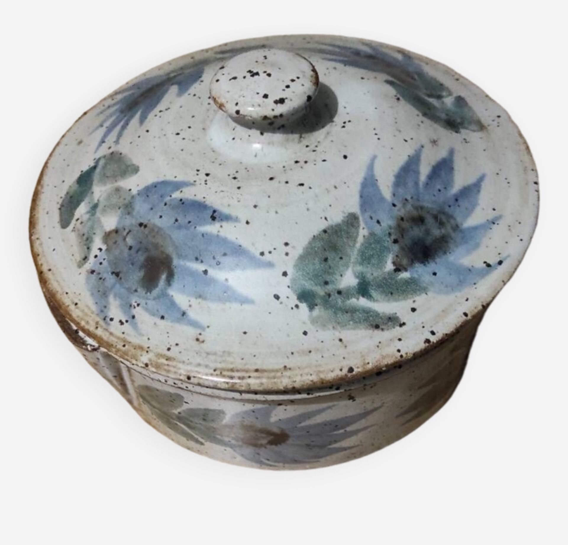 Soupière en céramique gris vernis moucheté fleurs peints en bleu vert