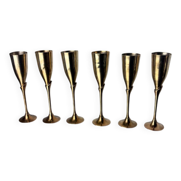 Verres à champagne brutalistes en laiton, ensemble de 6, Espagne, années 1970.