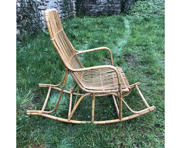 Rocking-chair, vintage bamboo rattan rocking chair 60s