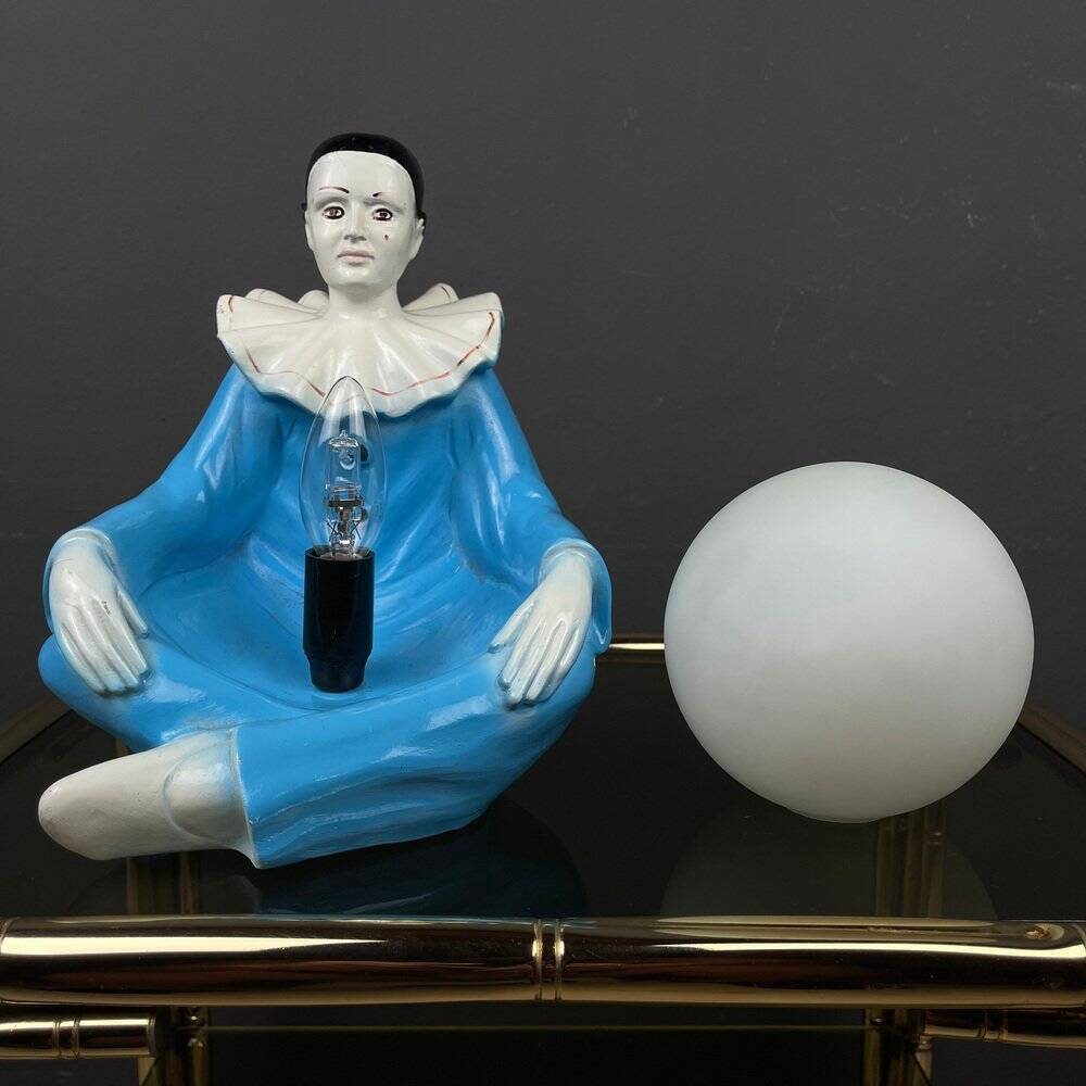 Mid-century Italian Pierrot table lamp in blue ceramic, 1960s.