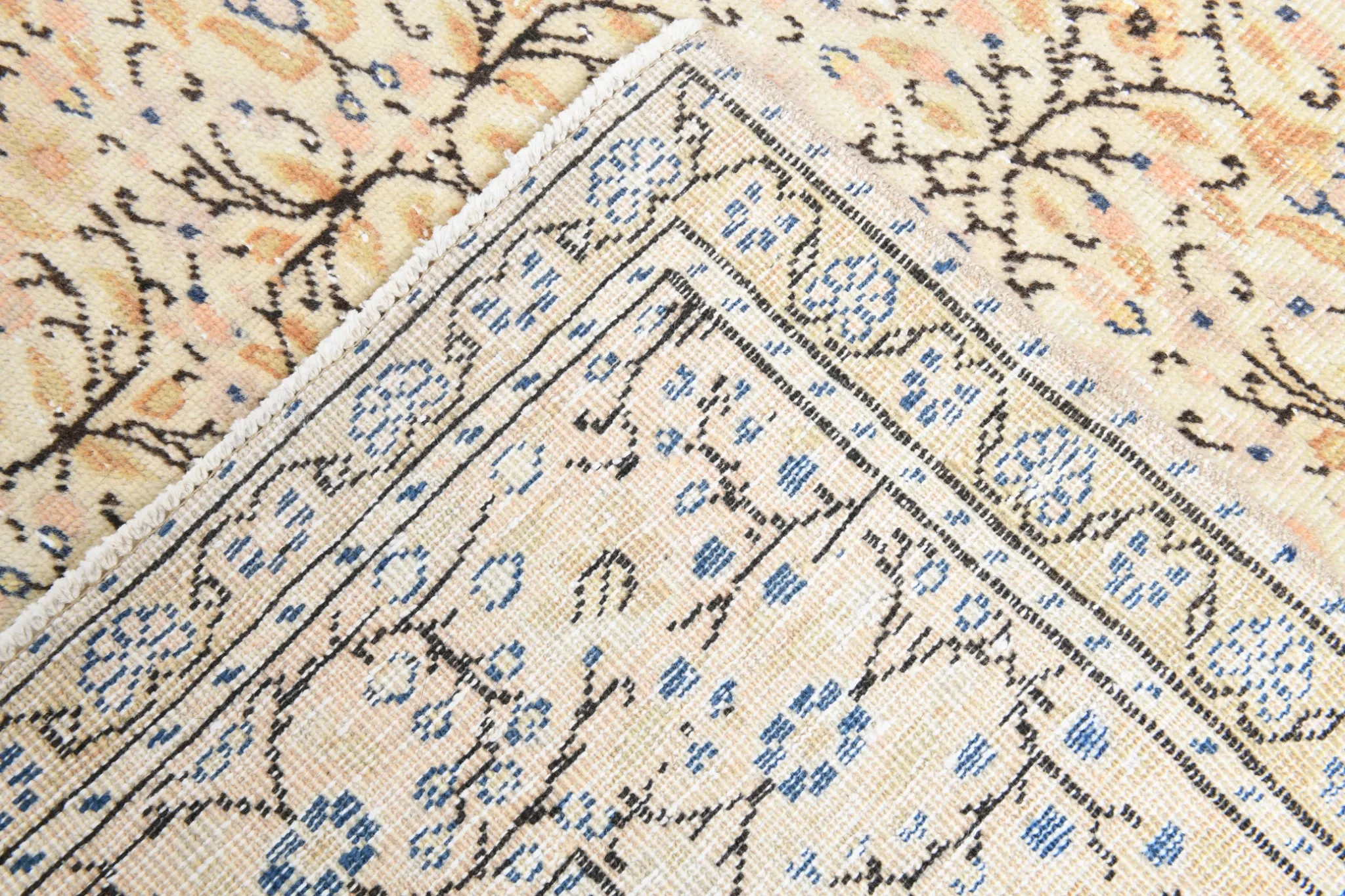 9x13 Vintage Cream Blue Persian Rug, Turkish Handmade Wool Floral Carpet