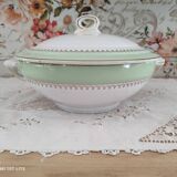 Soup tureen in water green with golden frieze, Cafés Lemaire.